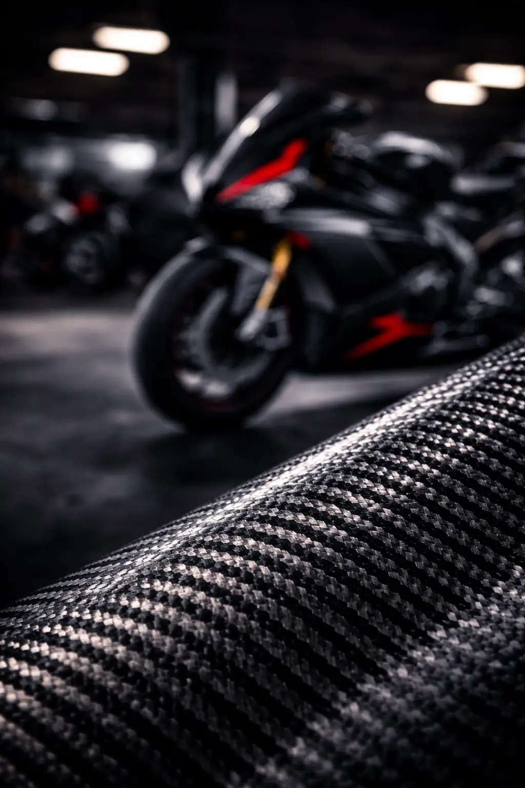 Macro trama carbonio con moto sfocata dietro